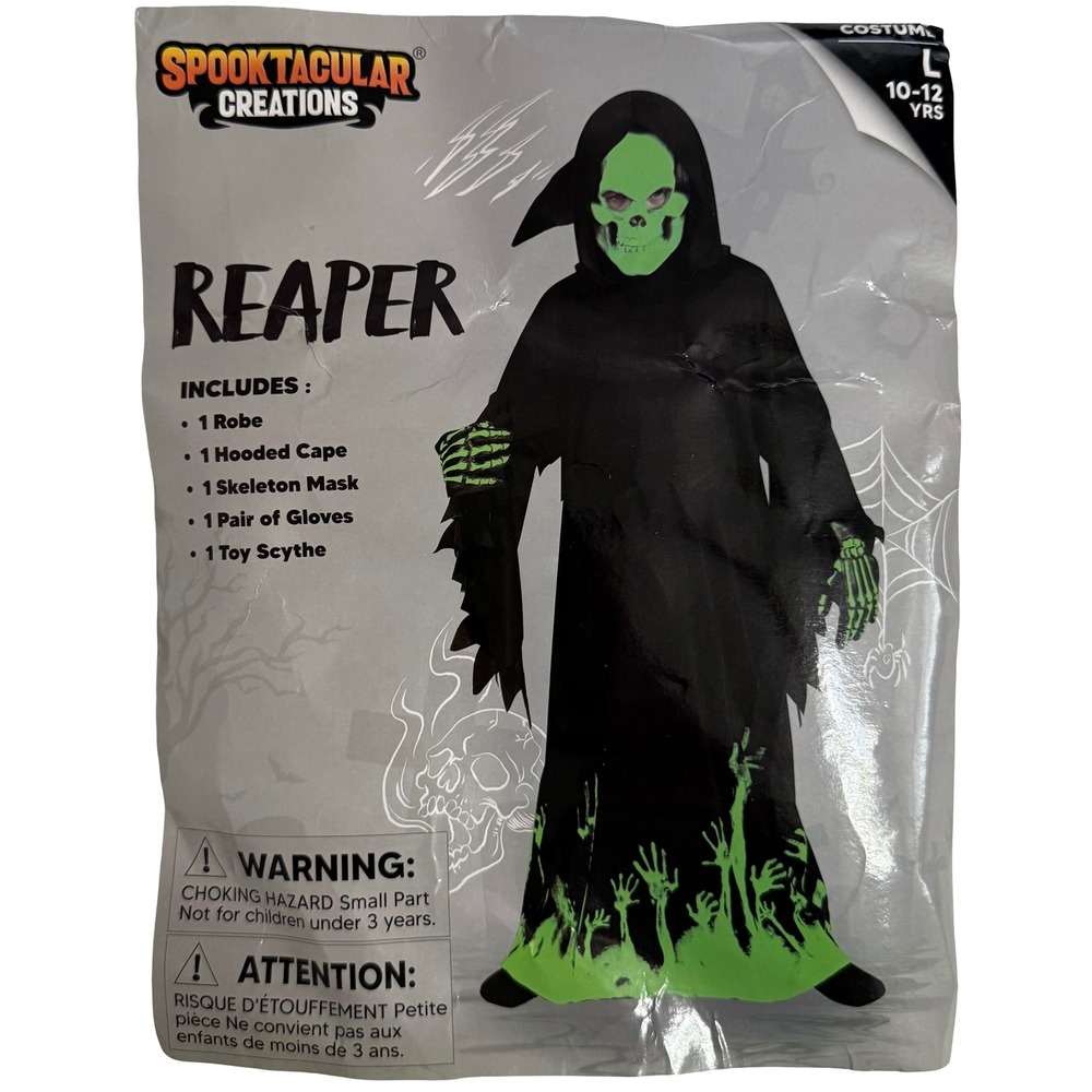 Spooktacular Creations Reaper Costume Kids L 10-12 Black New Scythe Glow In Dark